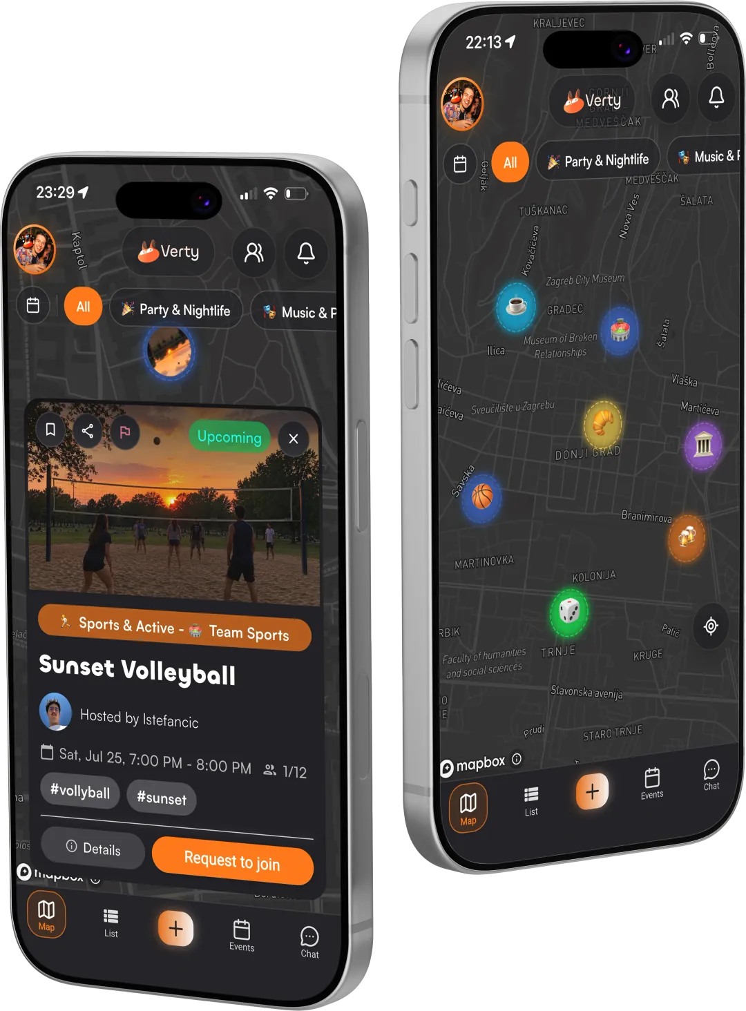 Two Verty app screens showing the live map and an event preview
